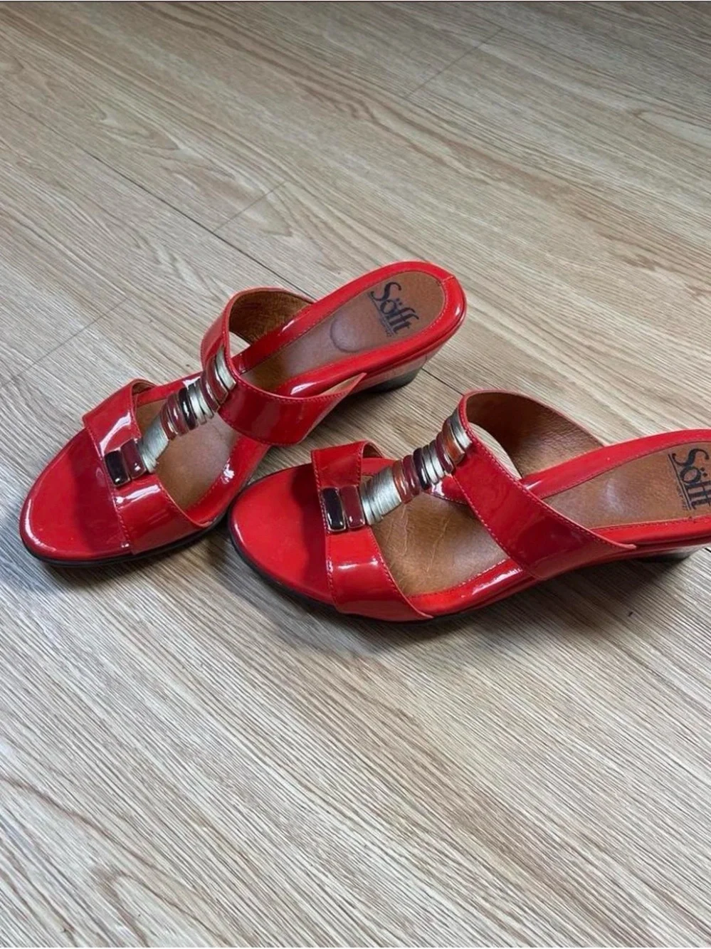Red Patent Slip-On Mules with Metallic Detailing